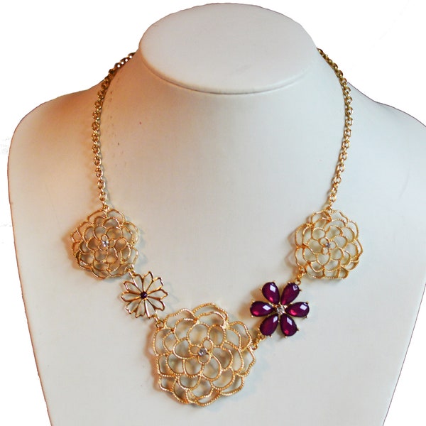 Vintage Golden Dahlia Flower Bib Necklace