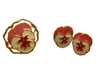 Vintage Pink Pansy Flower Enamel Brooch And Stud Earrings Jewelry Set