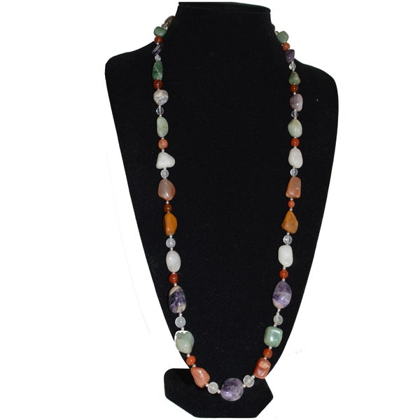 Long Scottish Agate Multicolor Semi Precious Stone Necklace