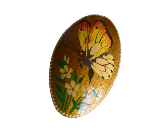 Vintage Wooden Handpainted Lacquered Butterfly Br… - image 1