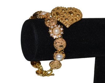 Upcycled Vintage Button Bracelet & Brooch Set - Gold Tone Faux Pearl, Duty Covered