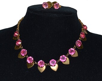 Vintage Pink Crystal Choker Necklace and Clip-On Earrings Jewelry Set - Final Price (Duty Covered)