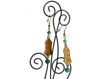 Vintage chinesische Gold Tone Jade baumeln Ohrringe - Endpreis (Duty Covered)