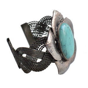 Vintage Silver Tone Cuff Bracelet with Large Turquoise Cabochon