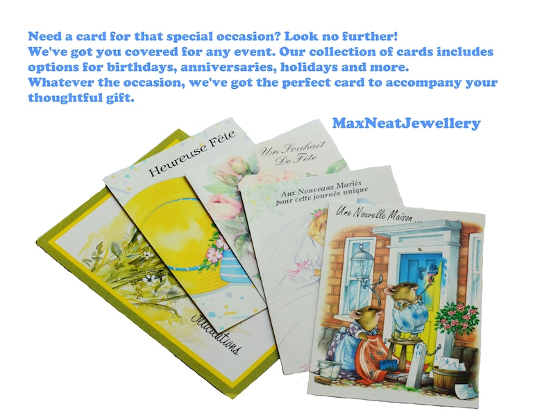 May include: A collection of greeting cards with various designs, including floral and illustrated scenes. The cards feature text in French, with the brand name "MaxNeatJewellery" visible. The cards are suitable for various occasions.