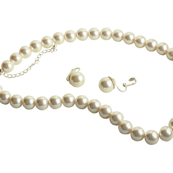 Large Faux Pearl Necklace and Clip On Earrings Jewelry Set