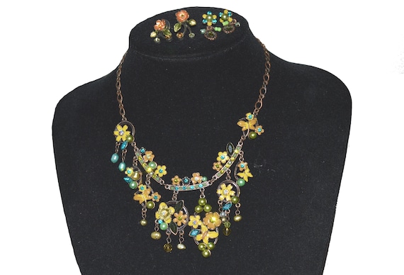 Vintage Axelle Creation Enamel Floral Necklace & Rhinestone Dangle Earrings Set,Duty Covered