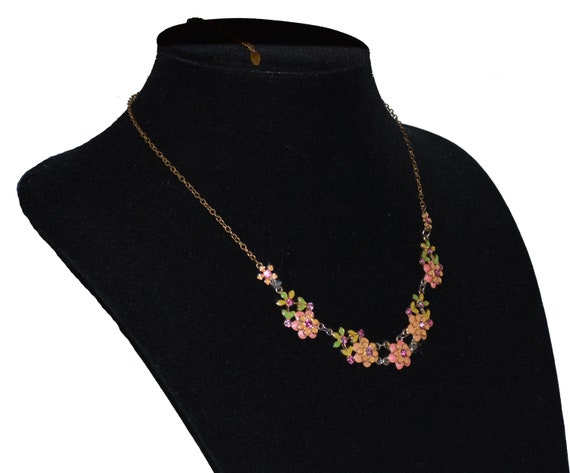 Vintage VCLM Floral Enamel And Rhinestone Necklace - image 1
