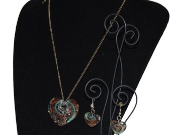 Murano Glass Heart Pendant Necklace And Dangle Earrings Jewelry Set