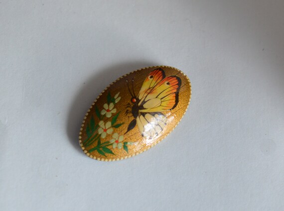 Vintage Wooden Handpainted Lacquered Butterfly Br… - image 3