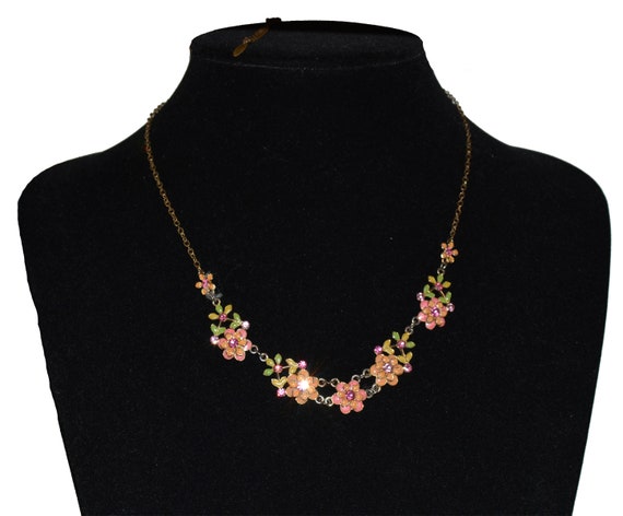 Vintage VCLM Floral Enamel And Rhinestone Necklace - image 4