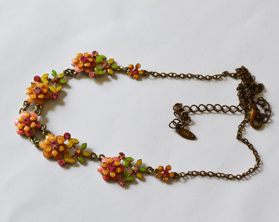 Vintage VCLM Floral Enamel And Rhinestone Necklace - image 2