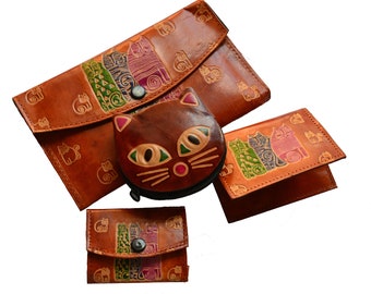 Vintage Cat Themed Leather Wallet Set