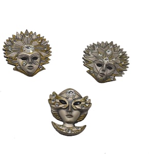 Vintage Italian Venice Carnival Silver Plated Mask Brooches