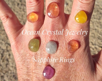 Yellow Orange Sapphire Ring, Green, Grey or Pink Glass-filled Sapphires, Gold and Silver Ring, Sterling Silver, Your Size MADE-TO-ORDER