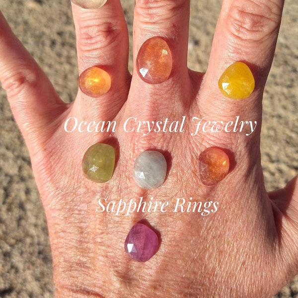 Yellow Orange Sapphire Ring, Green, Grey or Pink Glass-filled Sapphires, Gold and Silver Ring, Sterling Silver, Your Size MADE-TO-ORDER