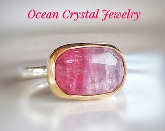 Pink Watermelon Tourmaline Ring, Gold and Silver Ring, 14k or 18k Yellow or Rose Gold, Cocktail Ring, Your Size Made-to-Order