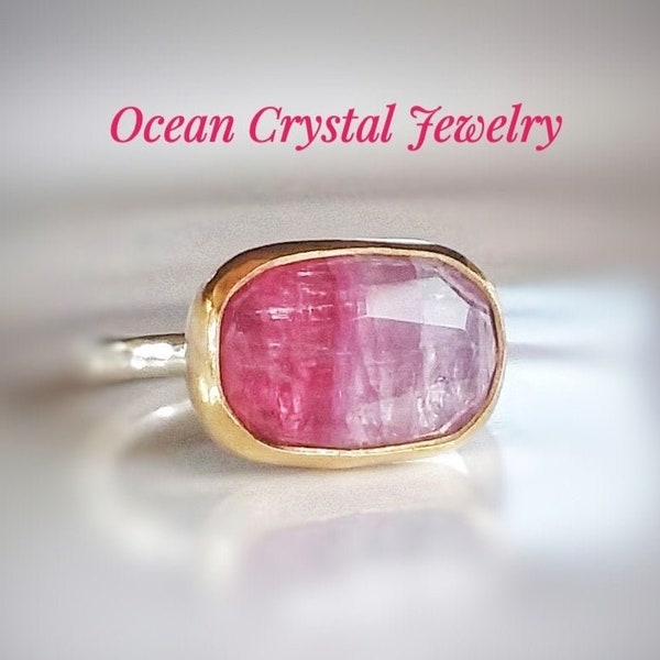 Pink Watermelon Tourmaline Ring, Gold and Silver Ring, 14k or 18k Yellow or Rose Gold, Cocktail Ring, Your Size Made-to-Order