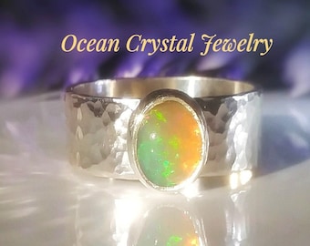 Opal Ring, Ethiopian Fire Opal, Sterling Silver Ring, Thick Wide Hammered Band Ring, Your size made-to-order