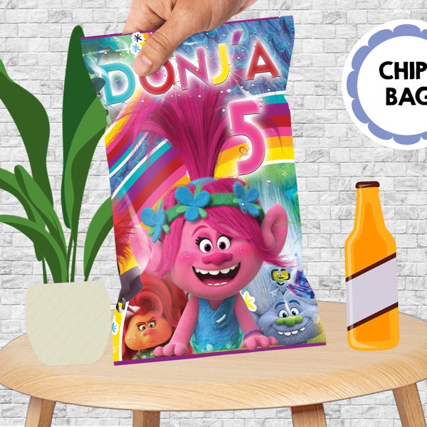 Trolls 2 Chips Bag, World Tour Printable DIY Customizable Chips bag for Birthday party decor and favors