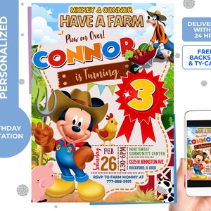 Mickey farmer  Birthday Invitation, boy birthday invite, digital, printable, personalized  free thank you card and backside