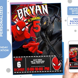 Spiderman Invitation,Spiderman Black Birthday Invitation,digital,printable,personalized free thank you card and backside