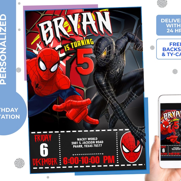 Spiderman Invitation,Spiderman Black Birthday Invitation,digital,printable,personalized free thank you card and backside