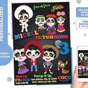 Coco Invitation for birthday party fiesta celebration, Miguel, Dia de Muertos. Personalized,Digital & printable,free back and tahnk you card