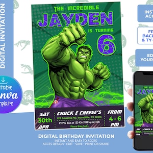 Hulk Birthday Invitation, Digital Template, edit yourself, backside and thank your card included