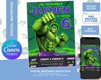 Hulk Birthday Invitation, Digital Template, edit yourself, backside and thank your card included