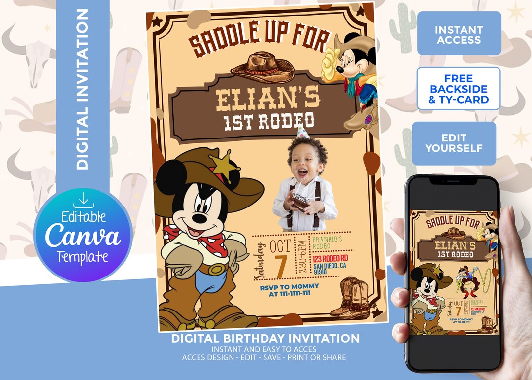Mickey Rodeo Birthday Invitation, boy birthday invite, digital ...
