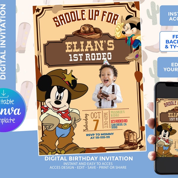 Mickey Rodeo Birthday Invitation,  Digital Template, edit yourself, free backside and thank your card included