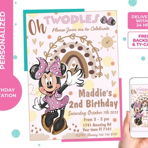 Minnie boho birthday Invitation, boho rainbow invite,Oh Twodles invitation, personalized  free thank you card and backside