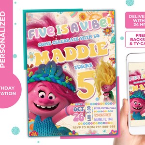 Five is a Vibe, Trolls Birthday Party invitation for Girl, personalized, digital and printable, free backside and thank you card