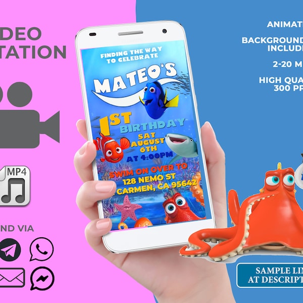 FINDING DORY INVITATIONS, Video birthday Invitation, nemo and dory invitations, boy or girl birthday invitation