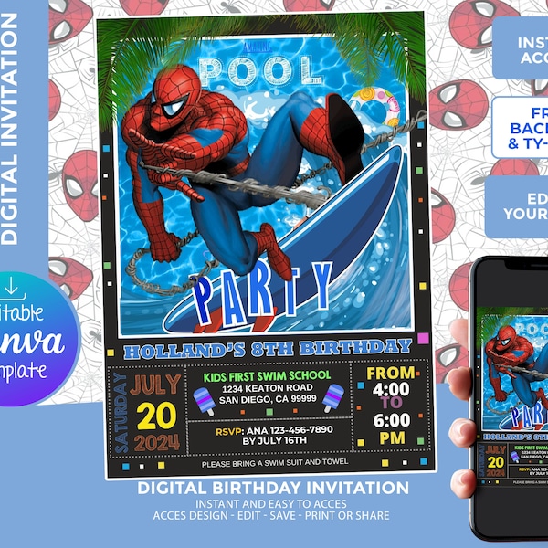 Spiderman Pool Party Birthday Invitation, Digital Template, edit yourself, backside and thank your card included