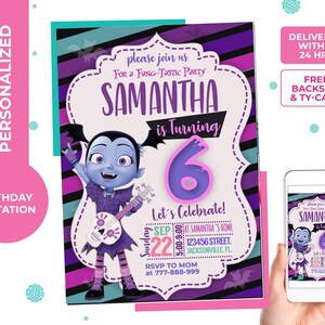 Vampirina Birthday Invitation, girl birthday invite,purple, rocker girl, digital, printable, personalized  free thank you card and backside