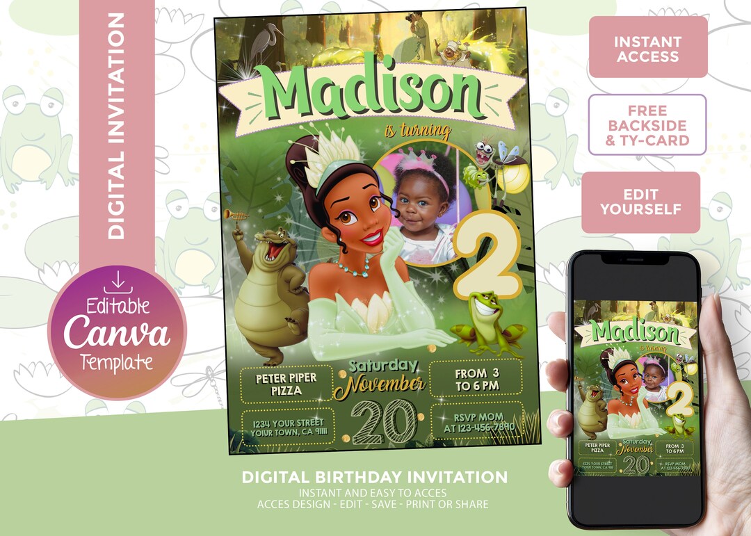 Princess Tiana Invitation, Digital Template, Edit Yourself, Free ...