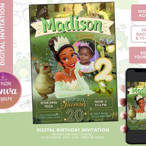 Princess Tiana Invitation,  Digital Template, edit yourself, free backside and thank your card included