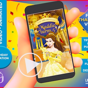 Princess Belle Birthday Invitation,beauty and the beast Animated Invitation, Personalized Video invitation for girl birthday