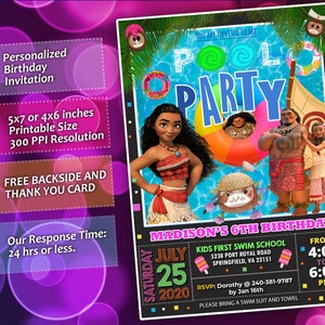 Moana Luau Pool Party Birthday Invitation,summer, swimming party, digital, printable, personalized  invitation