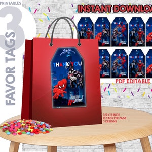Spiderman Geschenkanhänger, Spiderman Dankeskarten, Giftanhänger, Gift & Spiderman Partydekor, Sofortdownload, bearbeitbare Pdf-Datei