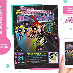 Powerpuff Girls Birthday Invitation, Blossom, Bubbles, Buttercap, digital, printable, personalized  free thank you card and backside