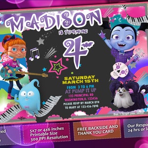 Uitnodiging vampirina, verjaardagsuitnodiging meisje, paars, rockergirls, digitaal, afdrukbaar, gepersonaliseerde gratis bedankkaart en achterkant