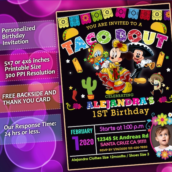 Taco Bout Invitation,Mexican Minnie Mouse invite, 5 de Mayo fiesta party invitation,printable,personalized free thank you card and backside