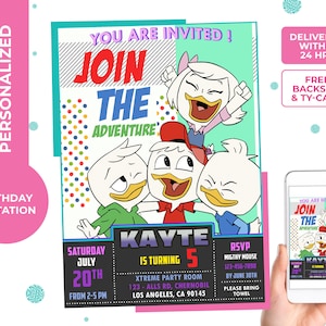 Ducktales Birthday Invitation,Ducktales Adventures webby, huey, louie, digital, printable, personalized  free thank you card and backside