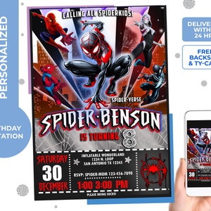Spiderman Into the Spiderverse Invitation for a superhero birthday party,Miles Morales, spiderham, Noir,backside and Thank You Card included