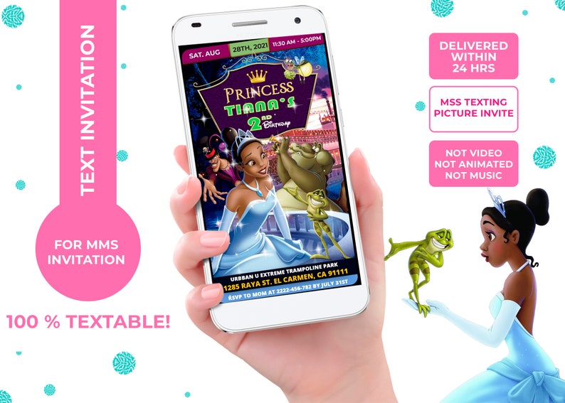 The princess and The Frog inspired birthday Invitation Text invitation for mms not video not animated