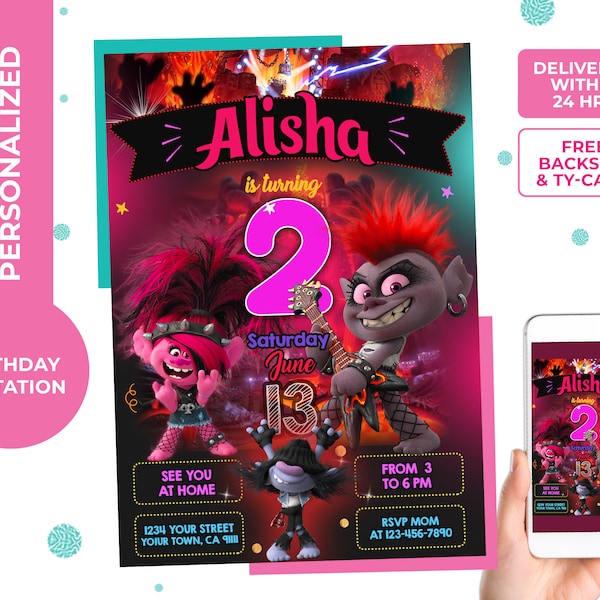 Trolls World Tour Invitation, Troll Birthday Party invitation for Girl, personalized,digital and printable, free backside and thank you card
