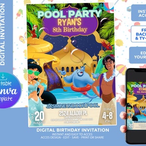 Aladdin Pool Party Birthday Invitation, Digital Template, edit yourself, backside and thank your card included